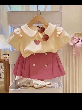 Girls Pink & Cream Heart Pocket Top and Skirt Set